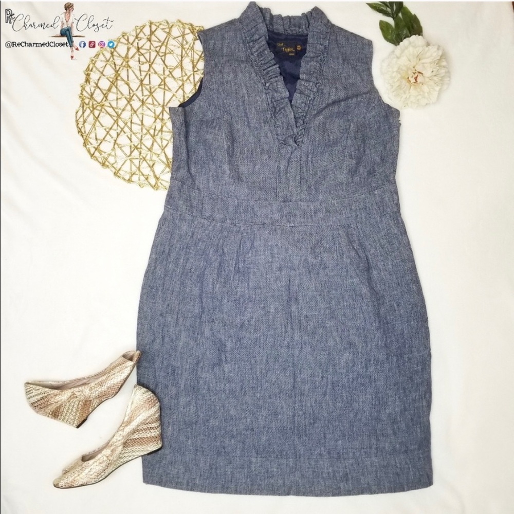Linen denim dress ruffle collar